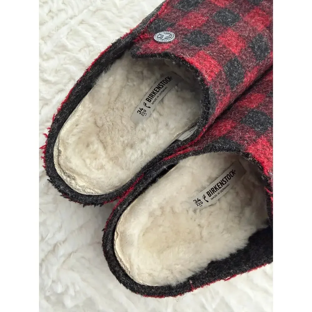Birkenstock Kid's Zermatt Rivet Shearling Red Plaid Wool Felt Mule Slippers Cozy